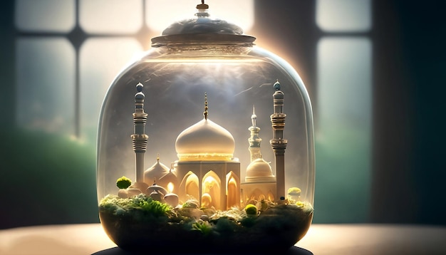 Un pot d'une mosquée avec une plante à l'intérieur