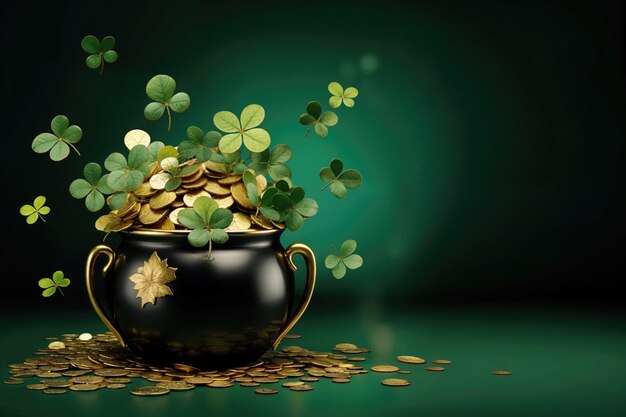 pot noir rempli de pièces d'or et de chapeau de leprechaun sur un fond vert