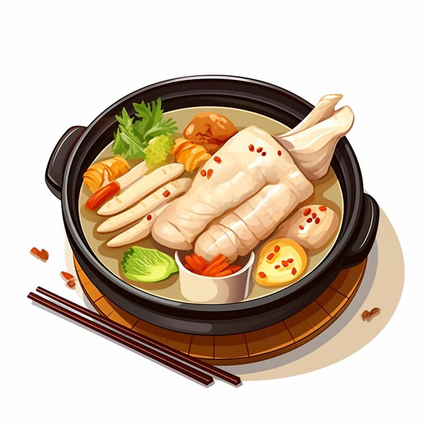 Un pot de nourriture avec un bol de poulet et de légumes.