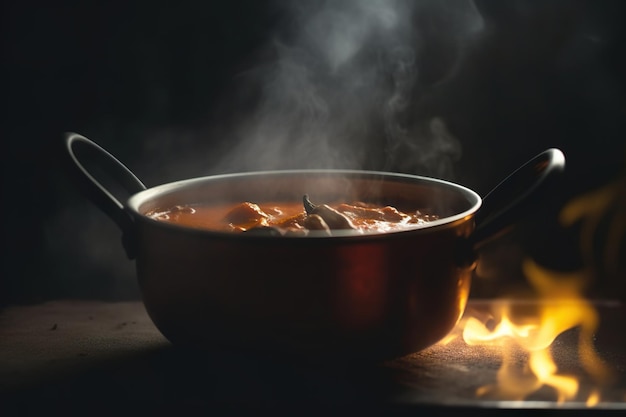 Un pot de nourriture est sur un feu avec de la fumée qui en sort.