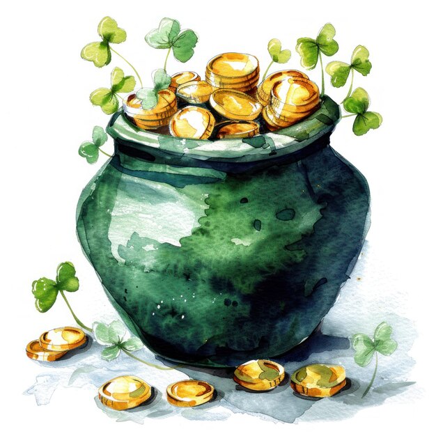 Pot d'or et de trèfles à l'aquarelle