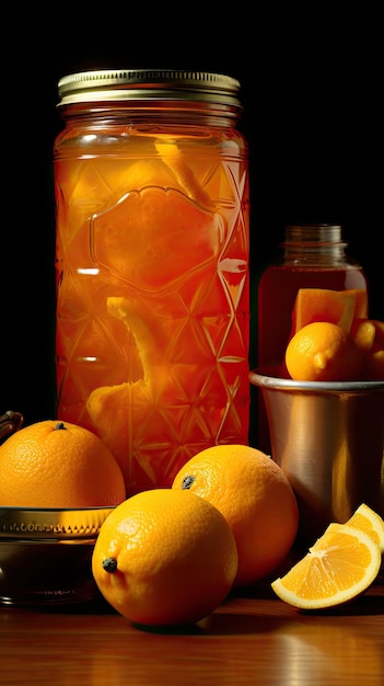 Un pot d'oranges et un bol de citrons sur une table