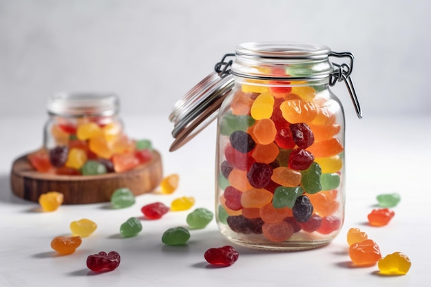 Un pot d'oursons gélifiés est posé sur une table avec d'autres pots de bonbons.