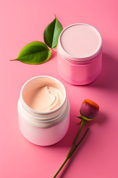 Pot ouvert de bouteille de cosmétiques blanc crème cosmétique rose et serviette sur fond rose