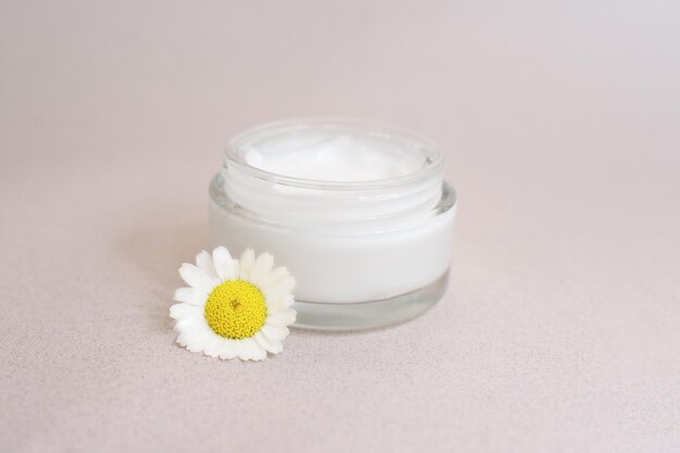 Pot ouvert de crème pour le visage ou pour le corps avec une camomille à proximité