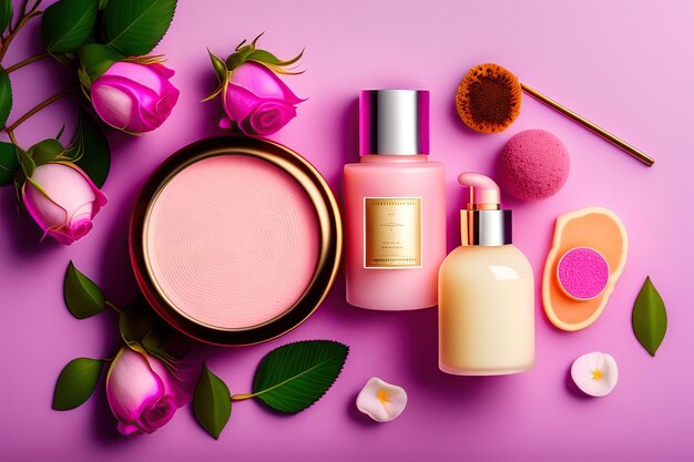 Pot ouvert de savon crème cosmétique rose et serviette sur fond rose