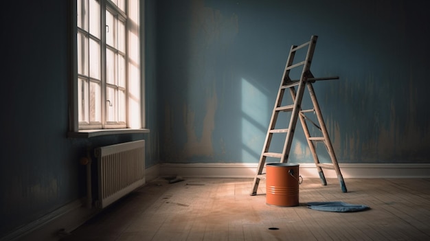 Pot de peinture et échelle dans une salle vide