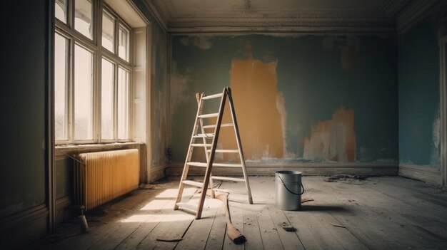 Pot de peinture et échelle dans une salle vide