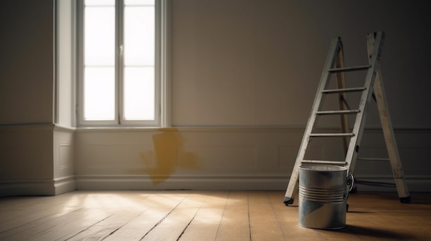 Pot de peinture et échelle dans une salle vide