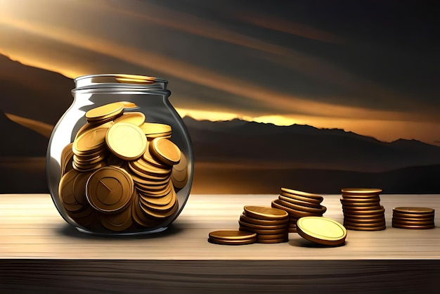 un pot de pièces d'or d'argent est sur une table avec un fond sombre