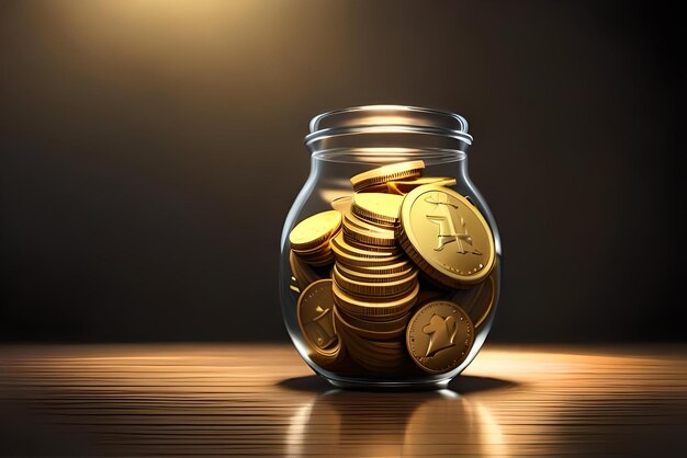 un pot de pièces d'or d'argent est sur une table avec un fond sombre