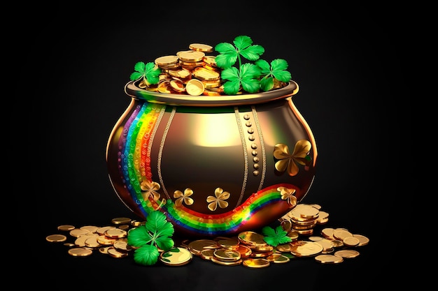 Pot avec des pièces d'or en fer à cheval et des feuilles de trèfle Concept de la Saint-Patrick