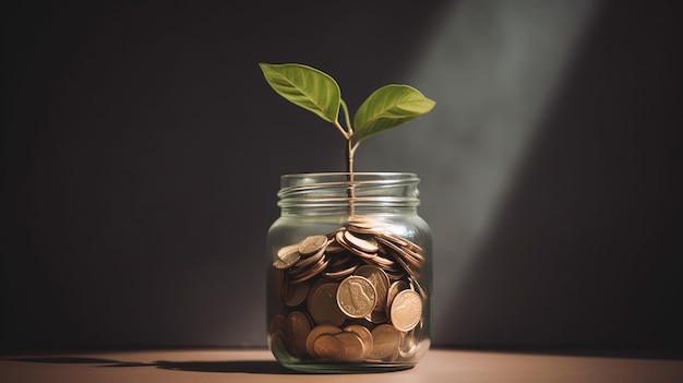 Un pot de pièces avec une plante qui en sort.