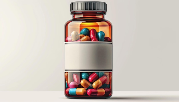 Un pot de pilules coloré débordant de médicaments