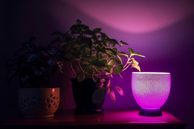 Un pot avec une plante et une lampe violette au-dessus