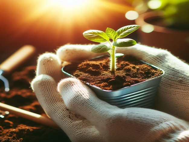 pot de plante à main avec une jeune plante sur lumineux