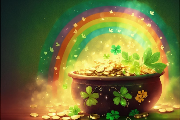 Pot plein de pièces d'or feuilles de trèfle et arc-en-ciel St Patrick's Day idée Fantasy concept Illustration peinture Generative AI