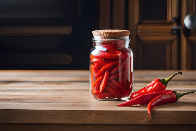 Un pot de poivrons rouges est posé sur une table à côté d'un pot de poivrons rouges.