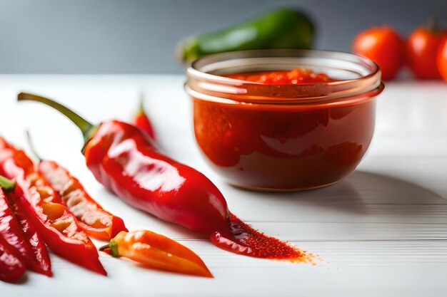 Photo un pot de poivrons rouges avec un pot de verre de salsa à côté.