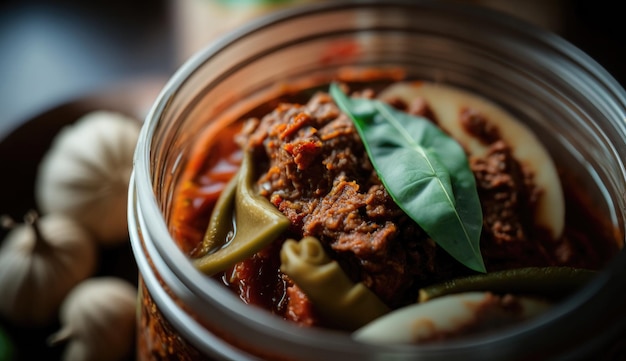 Un pot de ragoût de boeuf italien avec une feuille verte sur le dessus.