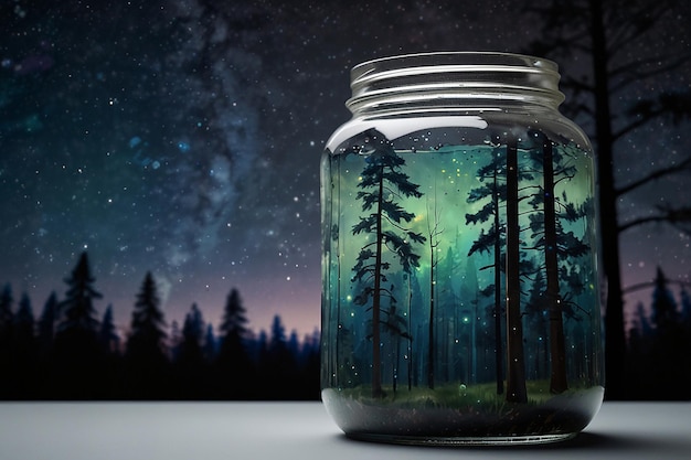 Un pot rempli de peintures de forêt et de ciel rempli d'étoiles