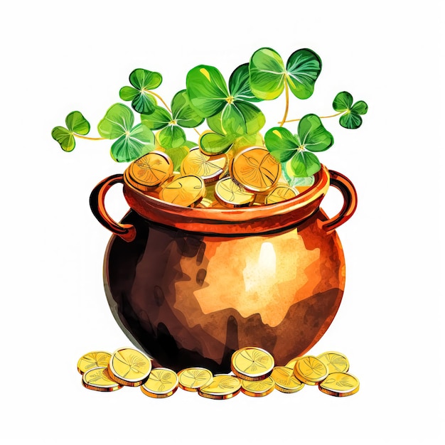 Un pot rempli de pièces d'or et de trèfles pour la fête de Saint Patrick