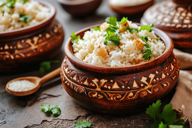 Pot de riz Pongal sur fond marron