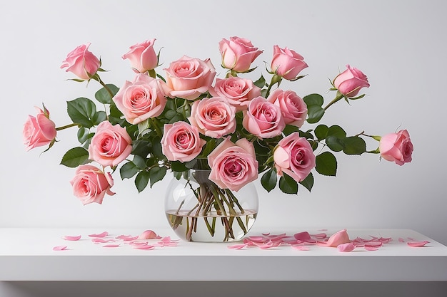 Pot de roses fraîches roses avec carte blanche de belles fleurs isolées sur fond blanc