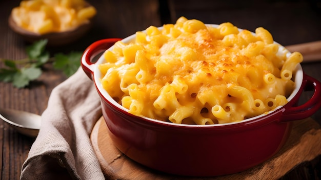 Un pot rouge de macaroni au fromage est posé sur une planche de bois.