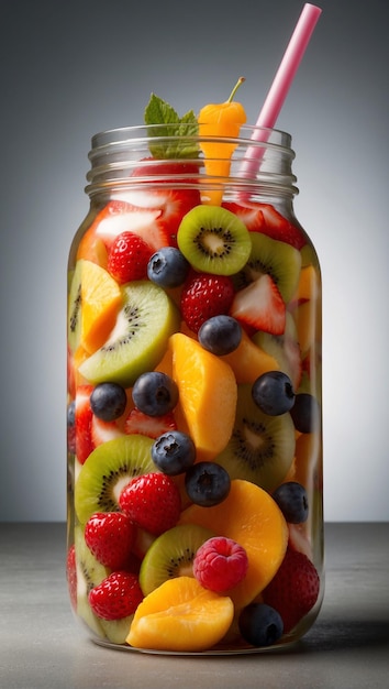 Un pot de salade de fruits avec une paille