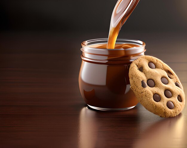 Un pot de sauce au caramel est versé avec un cookie