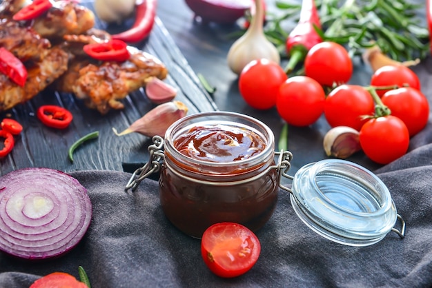 Photo pot avec sauce barbecue sur table sombre