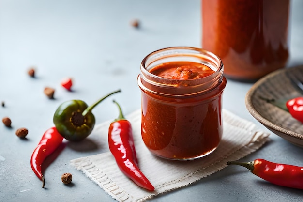 un pot de sauce chili chaude avec une bouteille de sauce chaude.