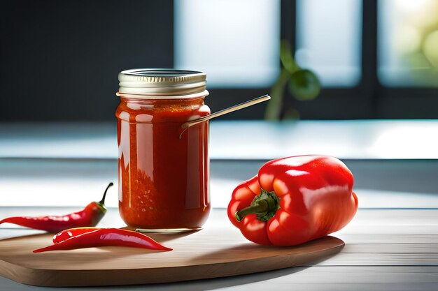 un pot de sauce tomate avec un jar de sauce Tomate sur une planche en bois.