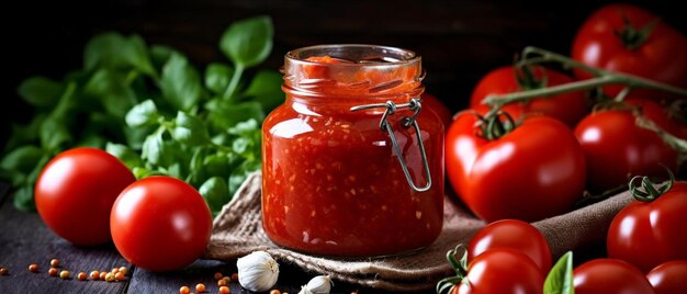 Photo un pot de sauce tomate avec des tomates et des oignons