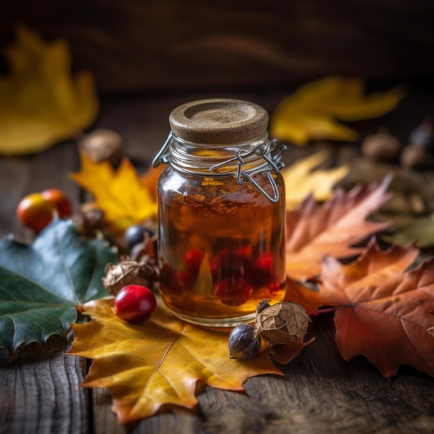 Un pot de sirop d'érable est posé sur une table en bois avec des feuilles colorées et une feuille d'érable rouge et jaune.