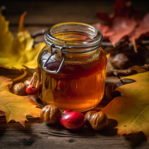 Un pot de sirop d'érable est posé sur une table avec des feuilles d'automne dessus.