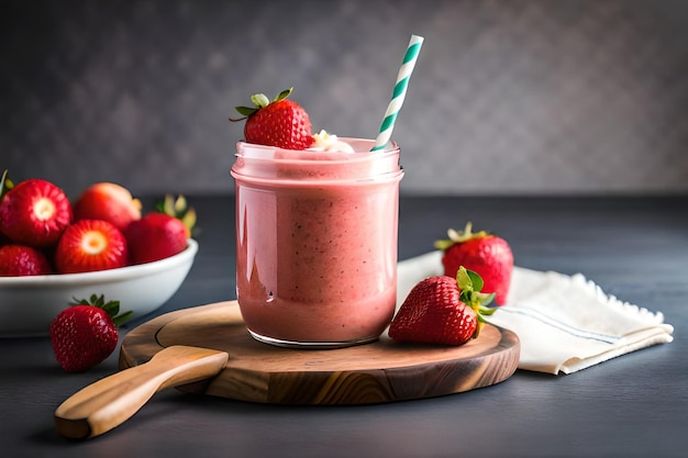 Un pot de smoothie aux fraises avec une paille à rayures vertes et blanches.