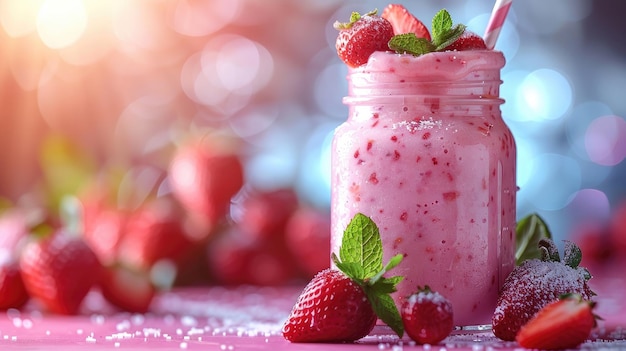 un pot de smoothie de fraise avec des fraises sur la table