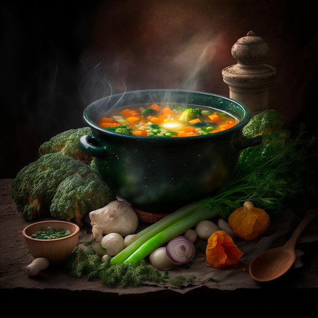 Un pot de soupe avec un tas de légumes dessus