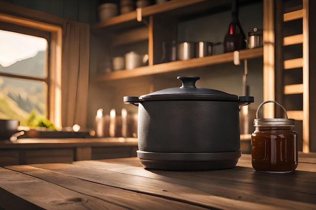 Un pot sur une table en bois avec un pot de miel en arrière-plan.