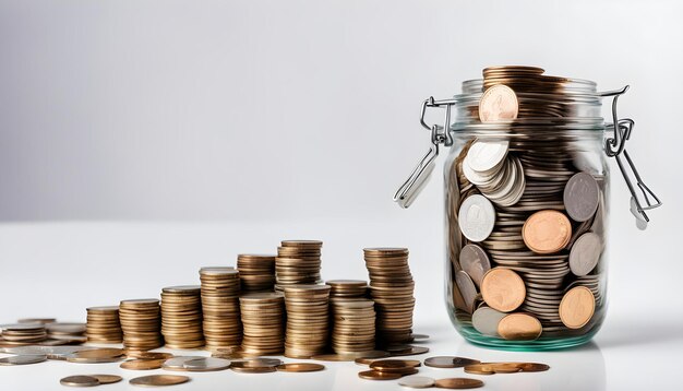 Photo un pot avec un tas de pièces et un penny avec un penny dedans