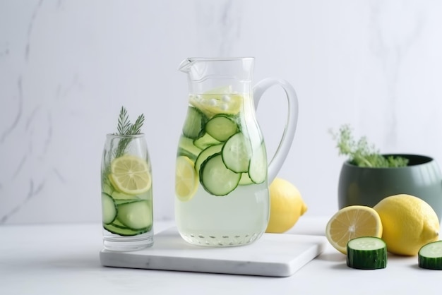 Pot transparent et verre de limonade fraîche avec concombre et citron Concept de régime de remise en forme