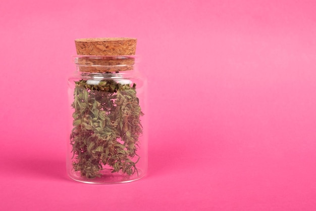 Pot en verre avec des bourgeons de marijuana secs sur l'espace de copie de fond rose.