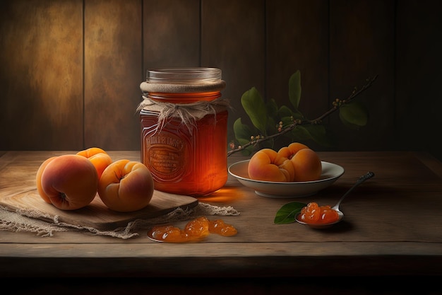 Un pot en verre de confiture d'abricot est affiché sur une table en bois antique