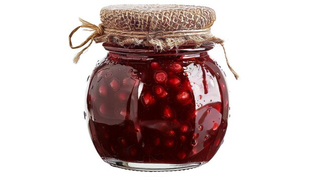 Un pot de verre de confiture faite maison isolé sur un fond blanc