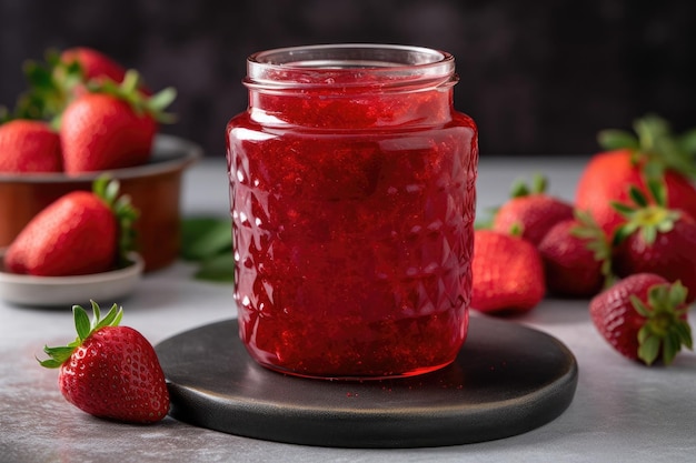 Pot en verre de conserves de fraises fraîches et savoureuses créées avec une IA générative