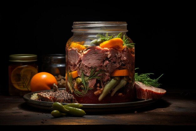 Photo un pot de verre contient de la viande et des légumes scellés