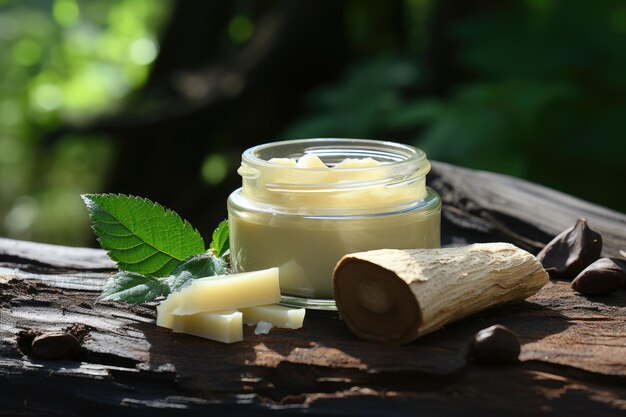 Un pot de verre avec de la crème se tient sur un arbre avec des feuilles vertes Cosmétiques biologiques naturels