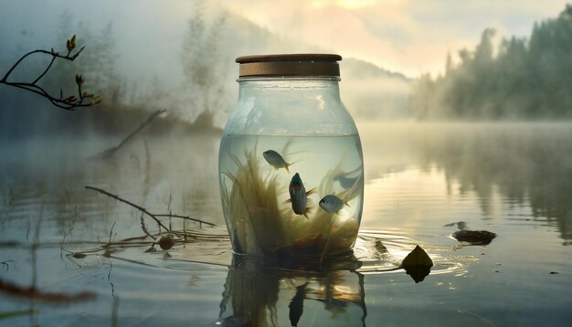 Un pot de verre dans l'eau avec du poisson